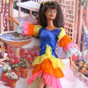 TERESA DOLL in COLORFUL RUFFLED FESTIVAL DRESS, 1999 BARBIE'S FRIEND, BEND LEGS
